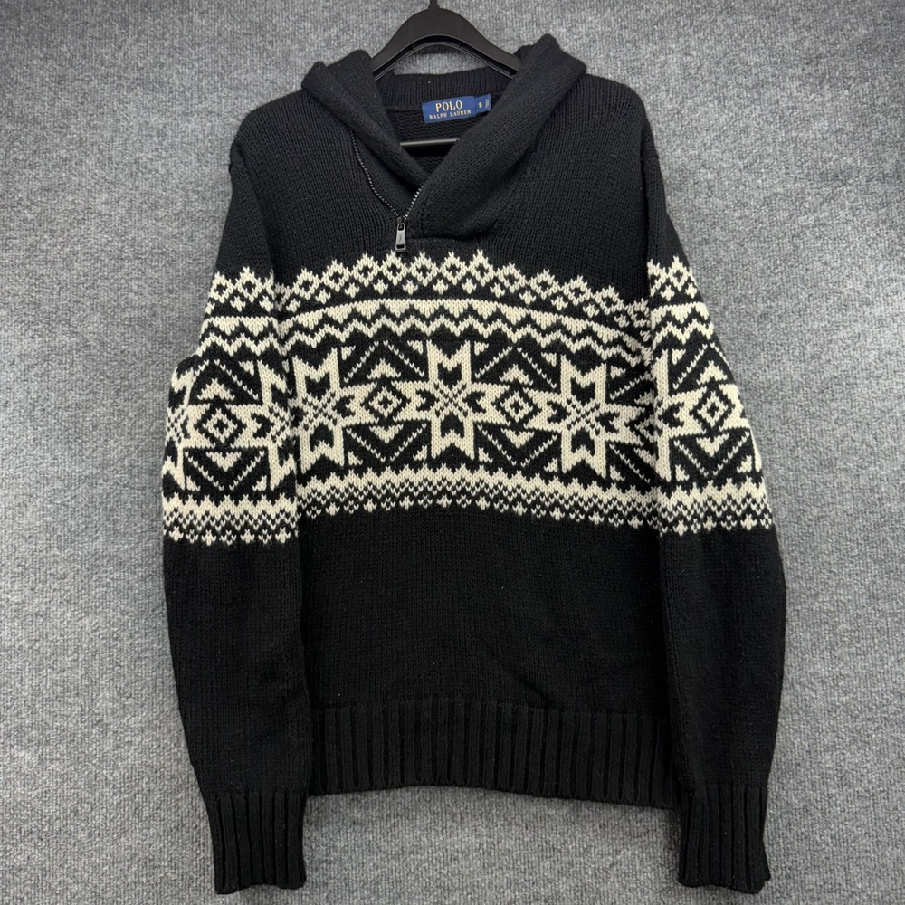 Polo Ralph‎ Lauren Mens Fair Isle Hoodie Black Cashmere Angora Sweater Small